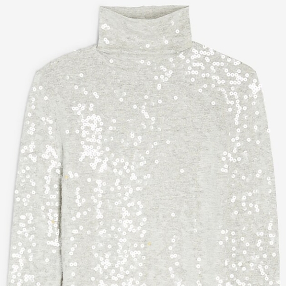 New Express Sequin Mock Neck Long Sleeve Tee Light Grey XS - Picture 9 of 13